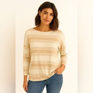 Suzy Shier Beige and Cream Striped Long Sleeve Top